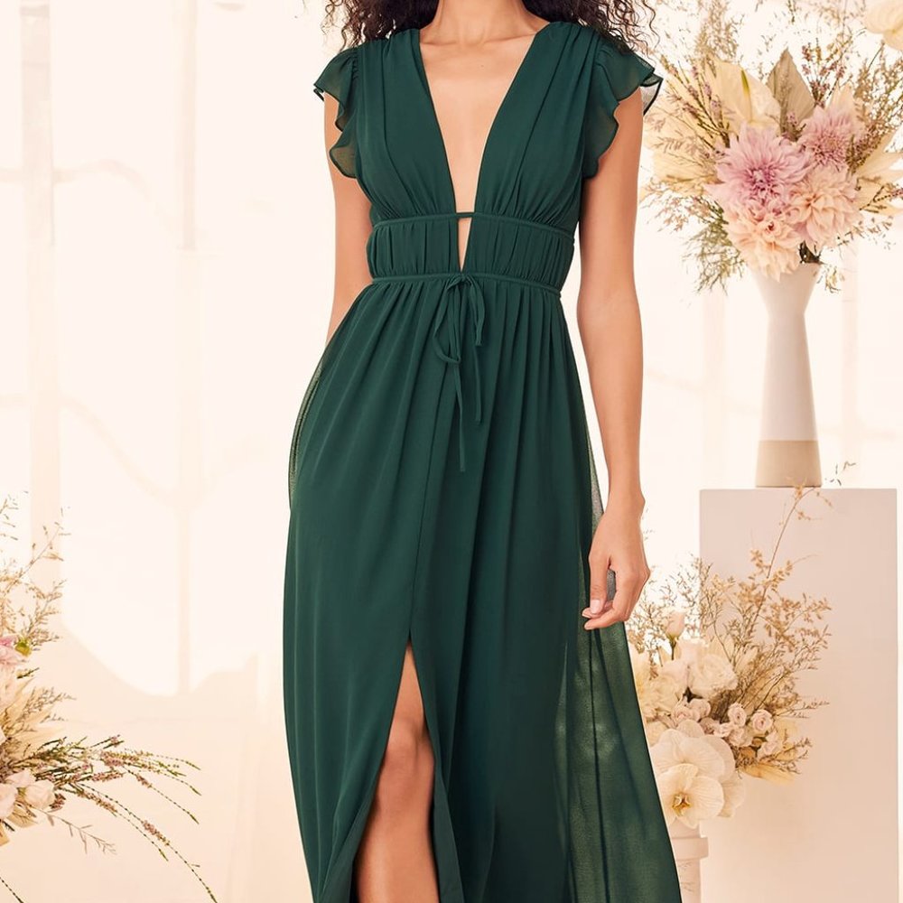 Lulu's I'm All Yours Emerald Green Ruffled Maxi Dress Size Medium